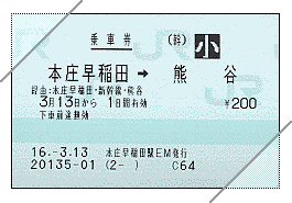 普通乗車券(マルス:熊谷ゆき)